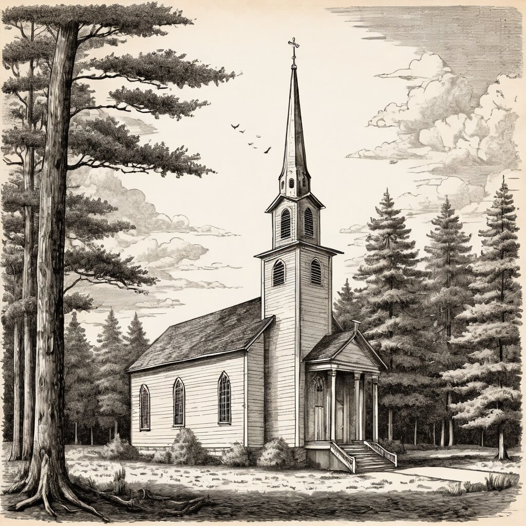White frame carolina country church with slender steeple among pines, rendered in stipple ink with sepia wash.