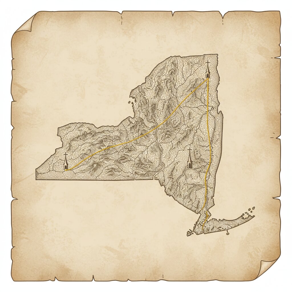 Sepia stipple map of New York State with cross-topped steeple symbols along the Hudson Valley, Long Island, and the Finger Lakes, connected by a gold thread.