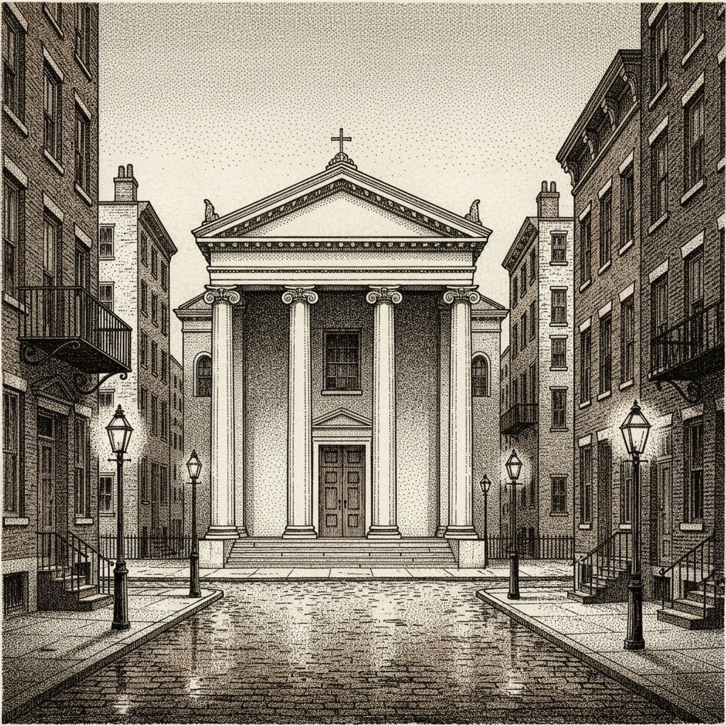 Illustration of a pre-Civil War Catholic church in Manhattan with Greek Revival columns, rendered in stipple ink with sepia wash.