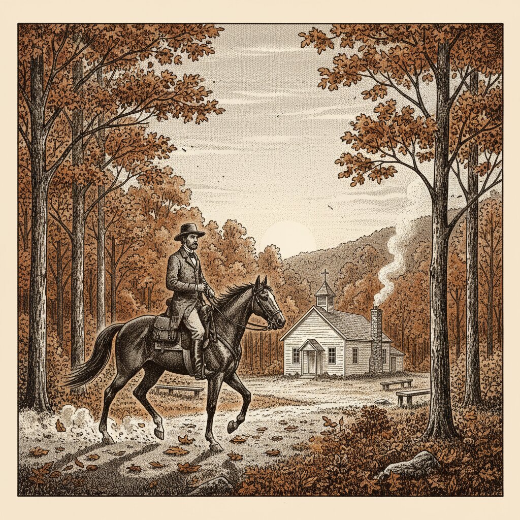 Illustration of a Methodist circuit rider on horseback approaching a white-clapboard meeting-house in an Ohio forest clearing at dawn, stipple ink with sepia wash.