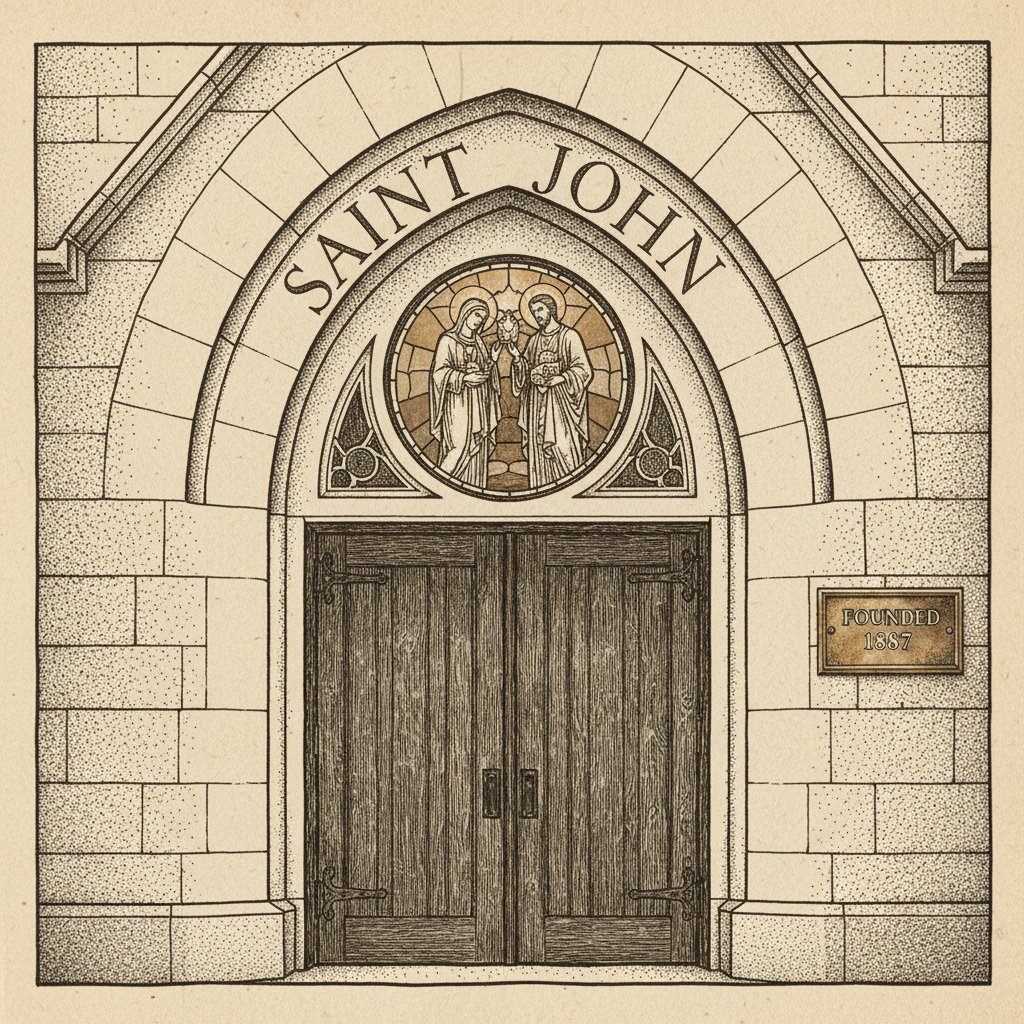 Illustration of a carved limestone church doorframe reading "Saint John" with stained glass above and a brass founding-date plaque.