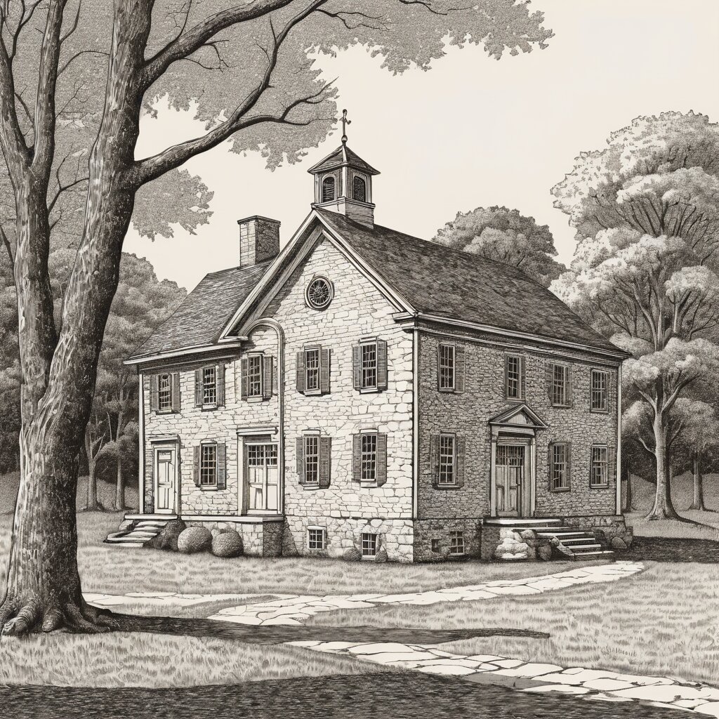 A fieldstone colonial meetinghouse with simple windows among pennsylvania hardwoods, rendered in stipple ink with sepia wash.