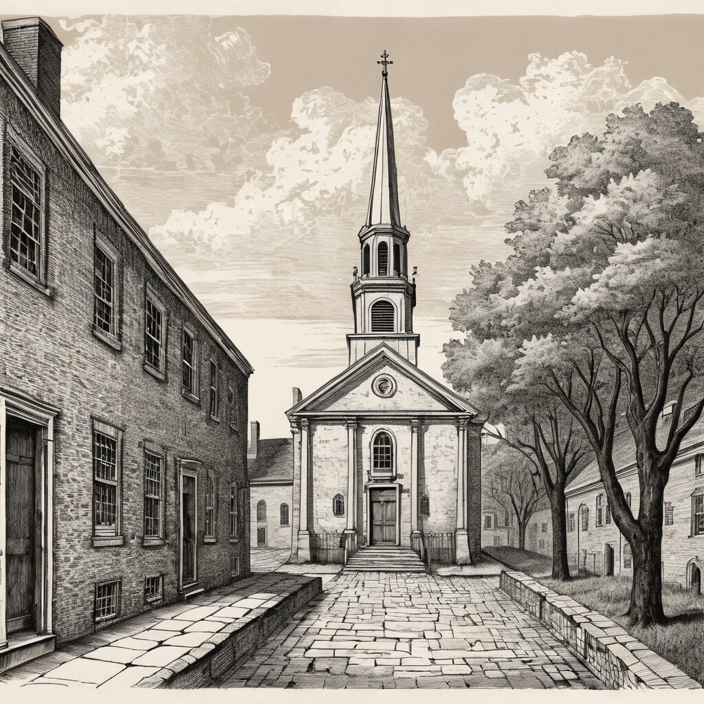 A colonial stone church with white steeple between philadelphia brick rowhouses, rendered in stipple ink with sepia wash.