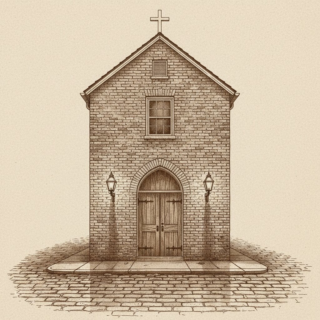 Illustration of a narrow-front brick Philadelphia row-house church on a cobblestone alley at dawn, stipple ink with sepia wash.