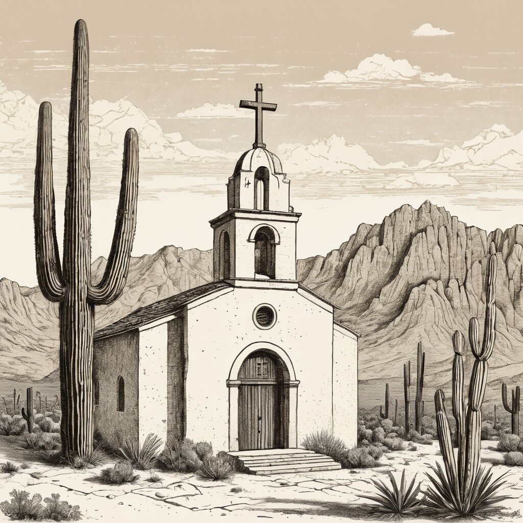 A stucco mission church with bell arcade against desert mountains and saguaro, rendered in stipple ink with sepia wash.