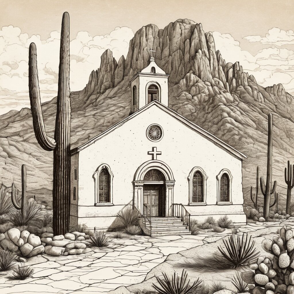 Adobe mission style church with desert mountains and a streetcar, saguaro cactus, rendered in stipple ink with sepia wash.