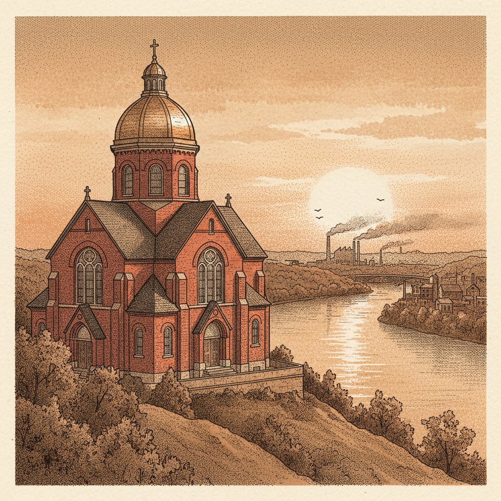 Illustration of a 19th-century red-brick Catholic church with a gold onion-dome on a Pittsburgh hillside at sunset, the three rivers and faint steel-mill smoke in the background.