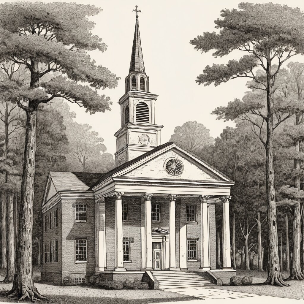 A brick presbyterian church with white portico among carolina pines, rendered in stipple ink with sepia wash.