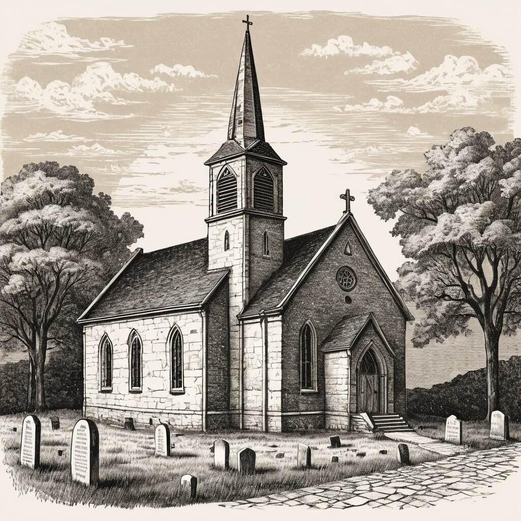 Pennsylvania stone presbyterian kirk with plain windows and walled graveyard, rolling hills, rendered in stipple ink with sepia wash.