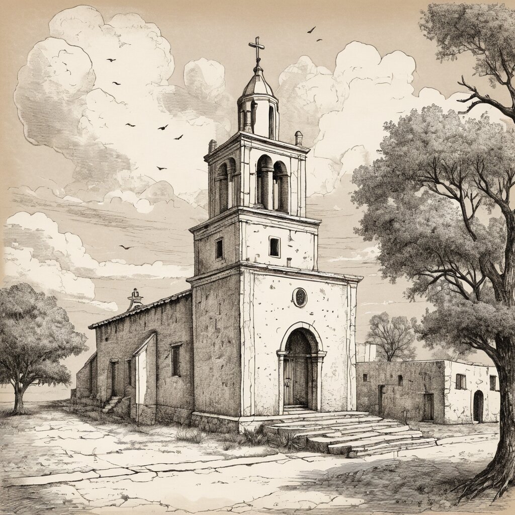 Spanish colonial mission church with bell tower and adobe walls, texas hill country, rendered in stipple ink with sepia wash.