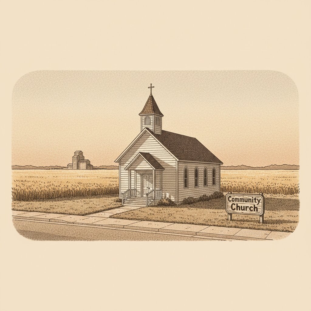 Illustration of a small white-clapboard rural church on the main street of a Great Plains town at dawn, wheat fields and a distant grain elevator behind it.
