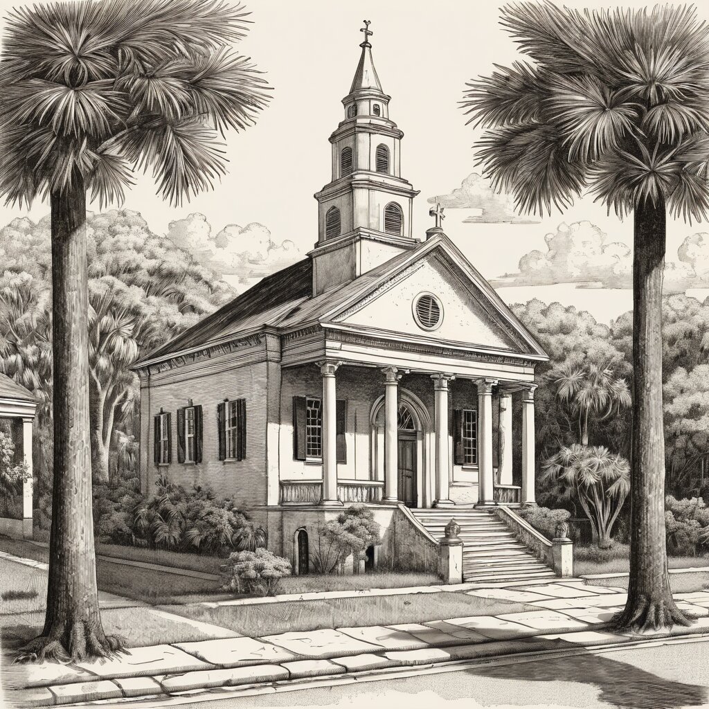Charleston single-house street with a white colonial church portico and palmetto trees, rendered in stipple ink with sepia wash.