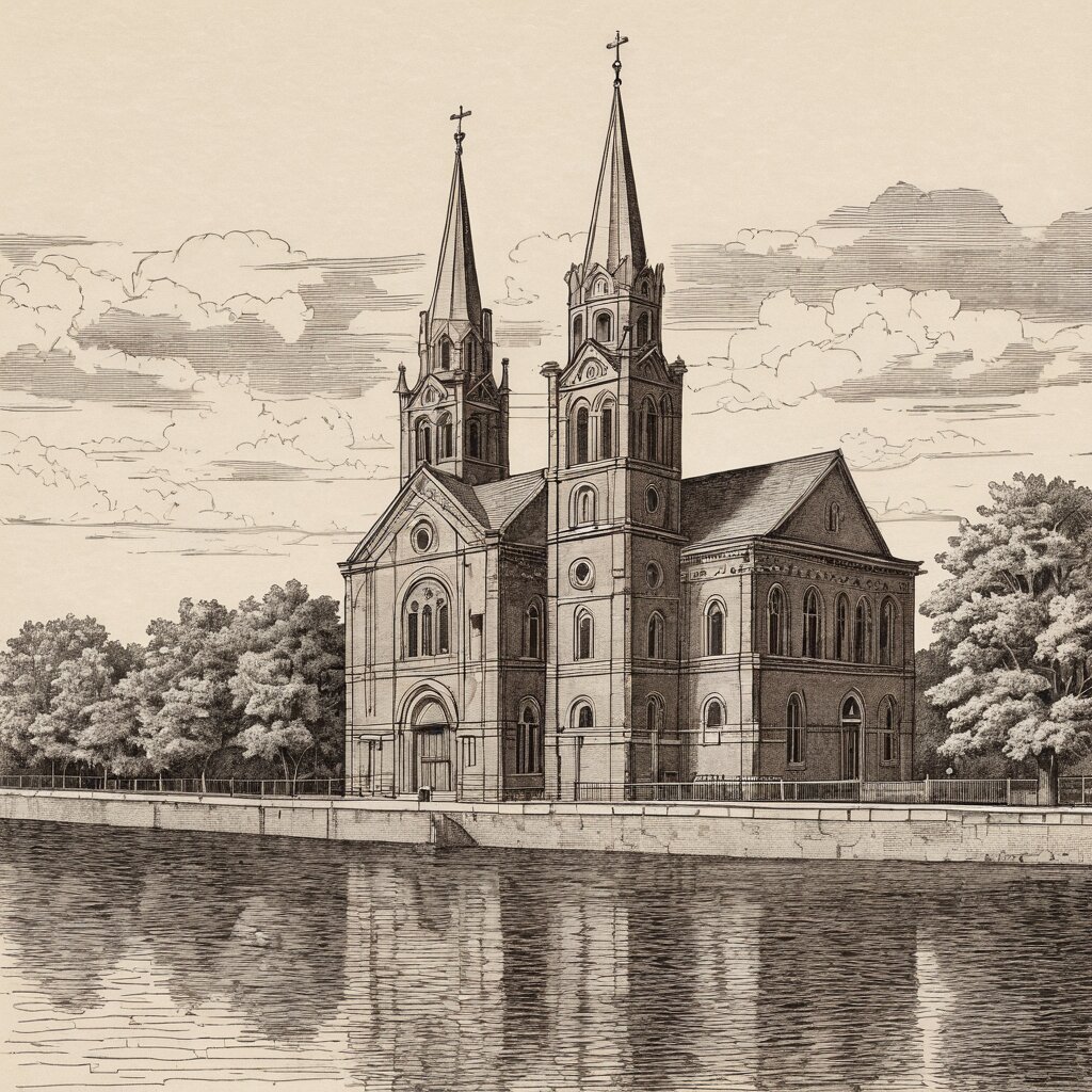 St louis red-brick romanesque church with the mississippi riverfront behind, rendered in stipple ink with sepia wash.