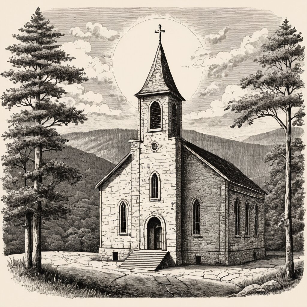 Tennessee stone chapel with a square bell tower in smoky mountain foothills, rendered in stipple ink with sepia wash.