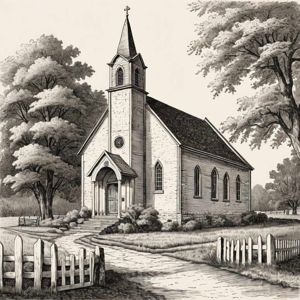 Pennsylvania dutch country union church in fieldstone with twin entrance doors, farm valley, rendered in stipple ink with sepia wash.