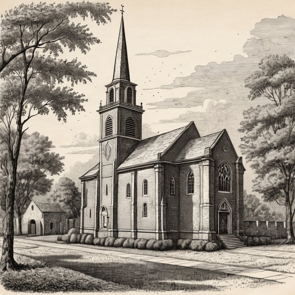 A colonial brick parish church with boxwood and old churchyard wall in virginia tidewater, rendered in stipple ink with sepia wash.