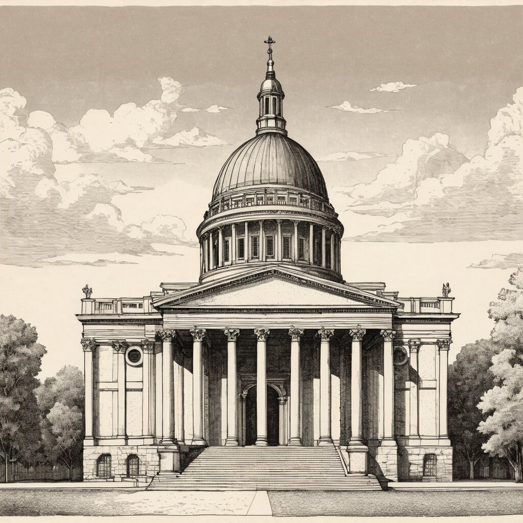 Neoclassical stone church with columns on a washington avenue, distant capitol dome, rendered in stipple ink with sepia wash.