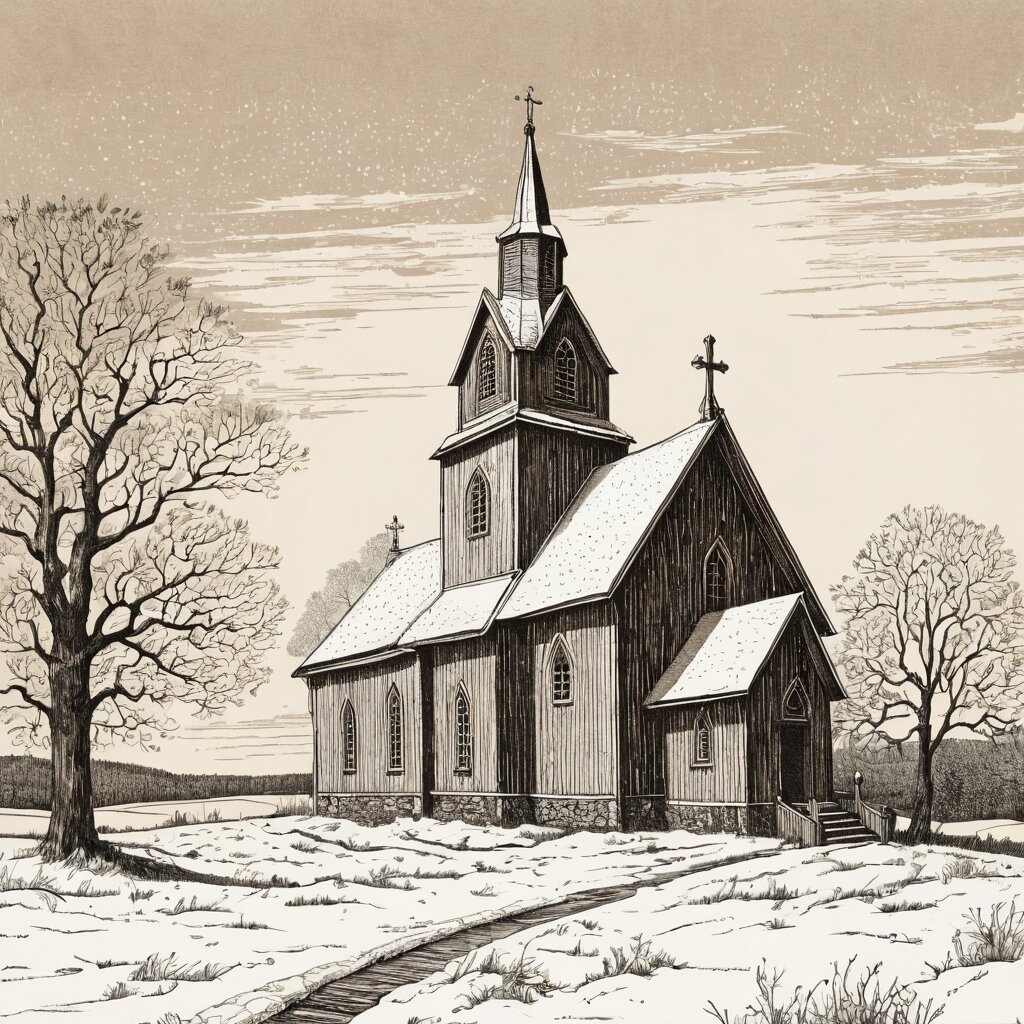 Norwegian style wooden church with steep snowy roof in wisconsin farmland, rendered in stipple ink with sepia wash.